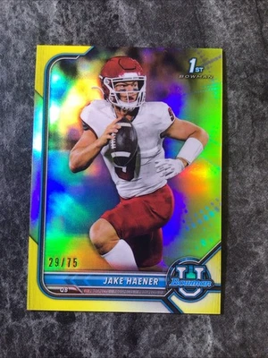 2021-22 Bowman University Prospect 1st Bowman Jake Haener Yellow Refractor /75 - Image 1 of 2
