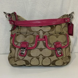 Coach Daisy Outline Signature shoulder bag Dark Tan Canvas Pink Leather pockets - Picture 1 of 13