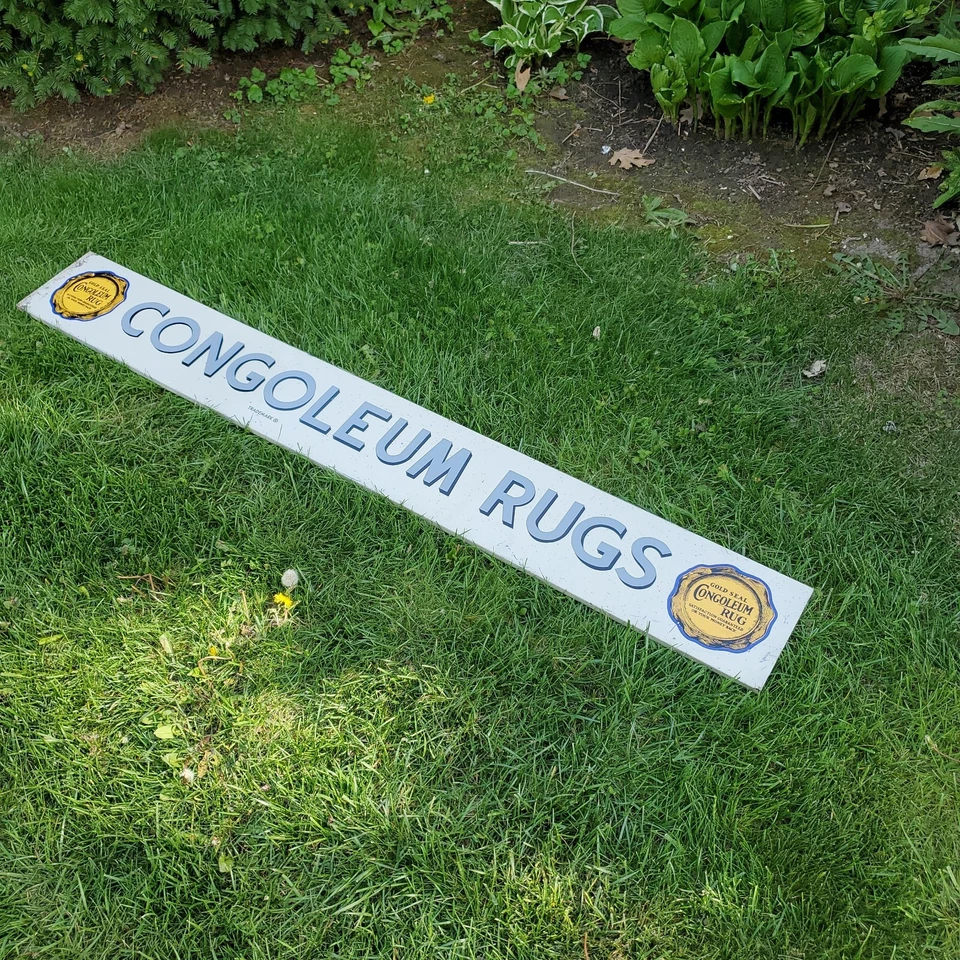Letrero de alfombras de congoleo vintage originales de la década de 1950 metal sello dorado muebles Sears Gas Foto 1 de 4
