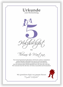 5. Hochzeitstag Holzhochzeit Urkunde personalisiertes Geschenk zum 5 Jahrestag - Bild 1 von 7