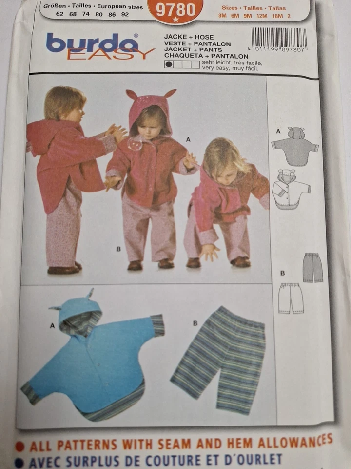 Jacket Hooded Pants Boys Girls 3M 6M 9M 12M 18M 2 Burda 9780 Sewing Pattern Easy - Image 1 of 4