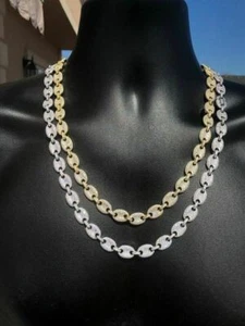 Men's Puffed Mariner Link Chain CZ Solid 925 Sterling Silver 14K Gold Plated - Picture 1 of 11