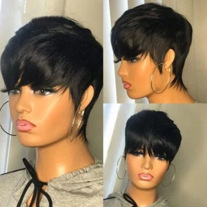 Short Human Hair Wigs Pixie Cut Straight  for Black Women Machine Made Wigs - Imagen 1 de 13