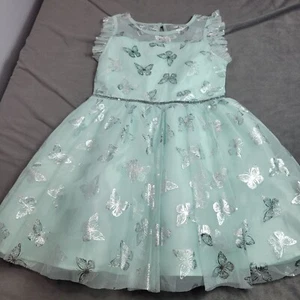 Girl Size 12 Mint Green Dress Formal Silver Butterfly Print Ruffled Sleeves - Picture 1 of 9