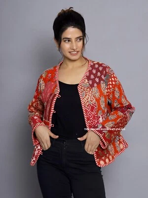 Rojo Patchwork Acolchado Recortada Chaqueta Reversible Mujer Ropa Algodón Abrigo - Imagen 1 de 4