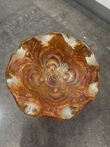 Vintage Carnival Glass Orange Bowl Embossed Diamond Design Central Flower Decora