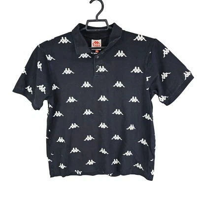 Mens Black Kappa Polo Shirt Short Sleeve Black White all over Logo Print Size L - Image 1 of 4