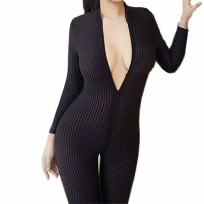 Mujeres Cremallera Manga Larga Leopardo Body Mono Rayas Gato Sexy Prendas para club nocturno Foto 1 de 4
