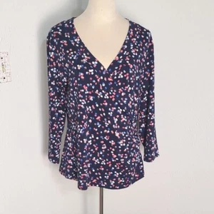 Jones New York dunkelblau & rosa gepunktete Wickelbluse, Größe L, neu mit Etikett - Bild 1 von 11