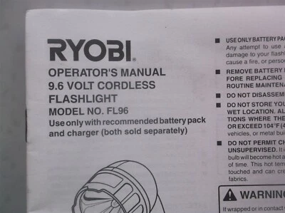 Manual only for Ryobi 9.6V Swivel Head Flashlight Worklight FL96 - Image 1 of 2