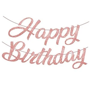 Glitter Rose Gold Happy Birthday Banner - Pre-Strung No DIY, 10 Feet | - Picture 1 of 7