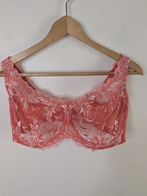 Soma 38G Salmon Pink Sensuous Lace Unlined Bra Embroidered Rhinestone Sheer  - Image 1 of 4