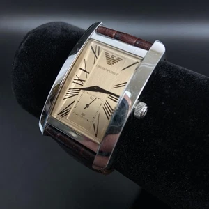 EMPORIO ARMANI AR0154 RECTANGLE MENS WATCH BROWN LEATHER STRAP BEIGE DIAL - Picture 1 of 11
