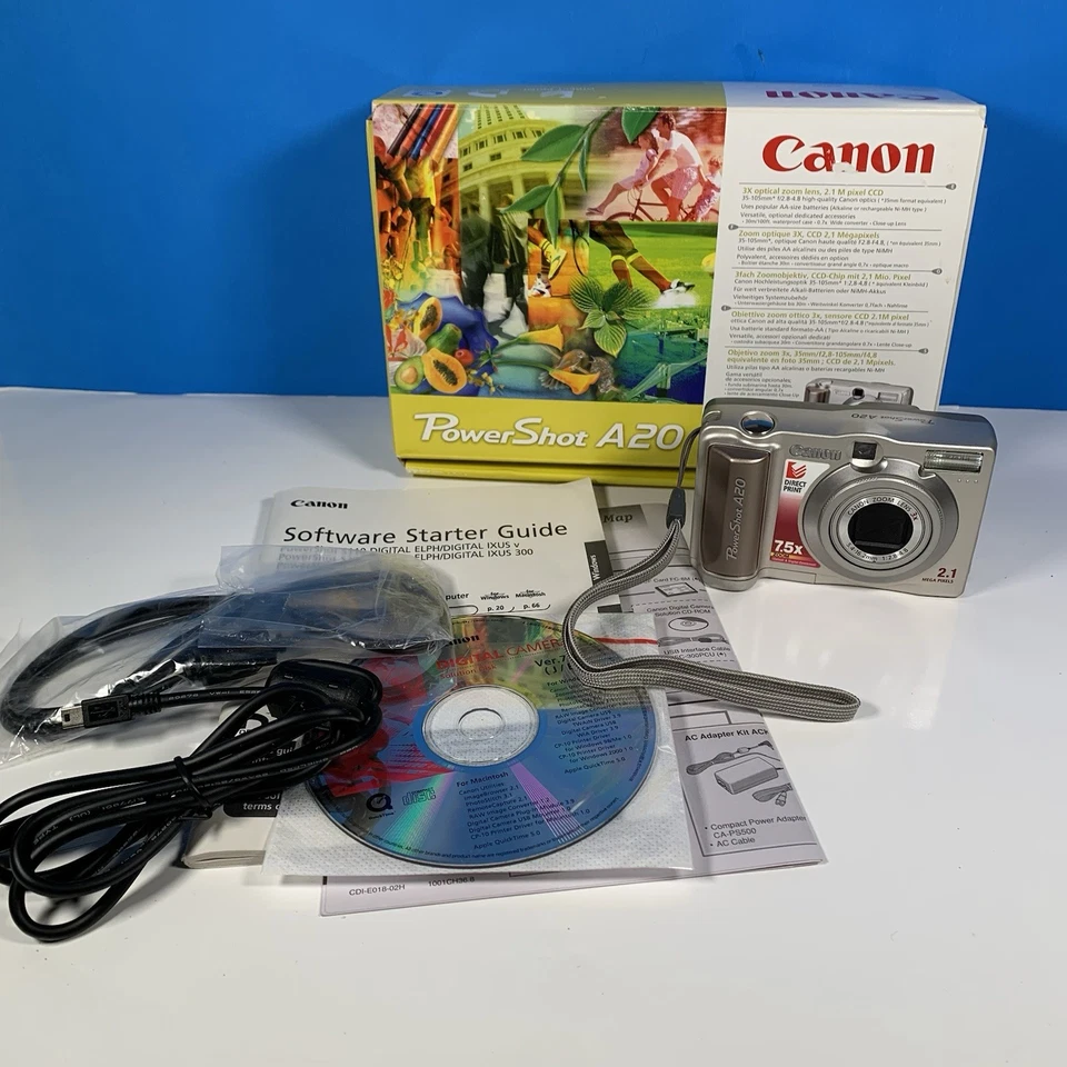 Canon PowerShot A20 Compact Digital Camera 2.1MP w/Software Manuals Cables  MINT - Image 1 of 4