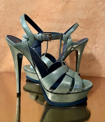 YVES SAINT LAURENT TRIBUTE Aqua PATENTE CUERO Plataforma 38, YSL - Totalmente Nuevo Foto 1 de 4