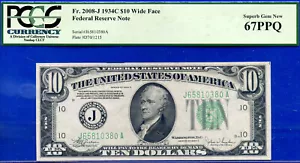 1934C $10 FRN Kansas City Wide PCGS 67PPQ top pop highest graded Fr 2008-JW - Picture 1 of 3