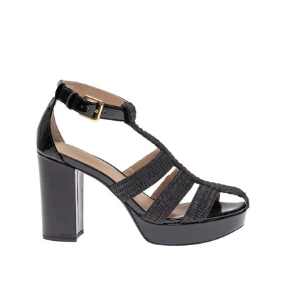 Sandalia Lauren Ralph Lauren Francesca Cuero Rafia Negra Talla 7 Foto 1 de 4