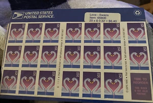 SCOTT #3123a...LOVE..2 SWANS FORMING HEART..BOOKLET..PANE OF 20 (32c) STAMPS - Picture 1 of 5