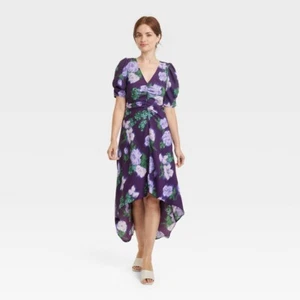 New Day Midi A-Line Dress Womens Medium Crepe Ruched Short Sleeve Purple Floral - Picture 1 of 9