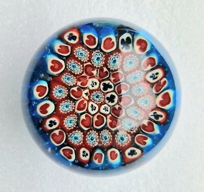 Vintage Murano Red and Blue Glass Hearts & Clubs Millifiore Round Paperweight - image 1 of 4