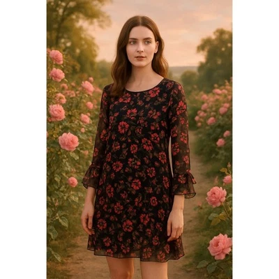 Vestido recto floral de seda crudo negro rosa mediano 100 % seda Foto 1 de 4