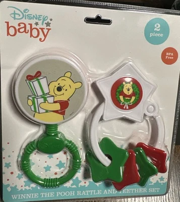 Juego de mordedor de sonajero de 2 piezas Disney Winnie The Pooh My First Christmas Holiday nuevo Foto 1 de 4