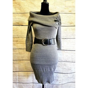 Abito maglione bodycon maglia metallizzata verde salvia S - collo cappuccio, cintura, fibbia - Foto 1 di 11