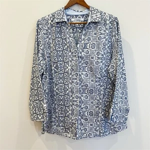 Camisa Foxcroft Top Mujer 12 Azul Blanco Floral Sin Arrugas Ajustada Botón Delantero - Imagen 1 de 10