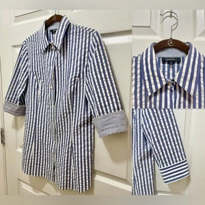 Lafayette 148 Women’s 3/4 Sleeve Striped Button Shirt Size 4 Blue White New York - Picture 1 of 11