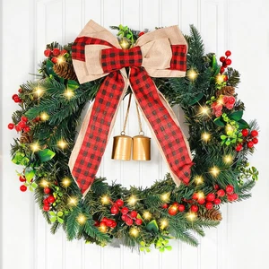 Corona de Navidad de 22 pulgadas con luces, coronas de Navidad preiluminadas para puerta principal,  - Imagen 1 de 9