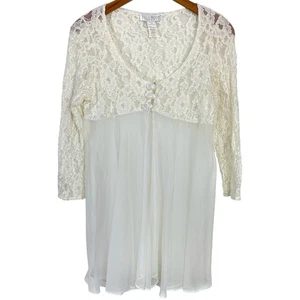 Vintage Val Mode Ivory White Lace Chiffon Peignoir Lingerie Robe Size Large - Picture 1 of 14