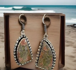 Unakite Jasper Gemstone Handcrafted Earrings- 925 Silver Plated-Brand New - Picture 1 of 3