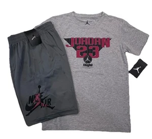 NWT NIKE AIR JORDAN BOY'S 2 PC SET GRAY SHORT SLEEVE & MESH SHORTS M 10-12 - Picture 1 of 3