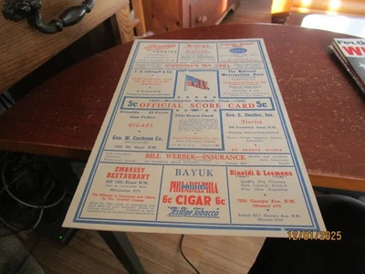 Tarjeta de puntuación de béisbol 1943 de los Washington Senators contra los Medias Rojas de Boston Foto 1 de 4