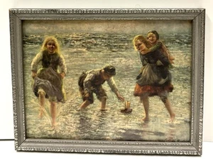 Vintage Art Print Eugene Mulertt w/ Old Frame Children Playing In The Water - Picture 1 of 7