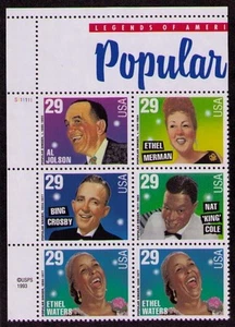 US USA Sc# 2853a MNH FVF PL# BLOCK Popular Singers Crosby Jolson Merman Cole - Picture 1 of 1