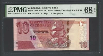 Zimbabwe 10 Dollars 2020 P103a Uncirculated Grade 68 Top Pop - Image 1 of 2