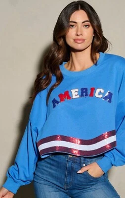 Suéter Pullover Patriótico AMERICA Manga Larga Lentejuelas Rojo Blanco Azul Foto 1 de 4