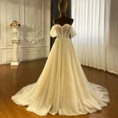 Glitter A-line Wedding Dresses Off Shoulder Pearls Beach Tulle Bridal Gowns - Image 1 of 4