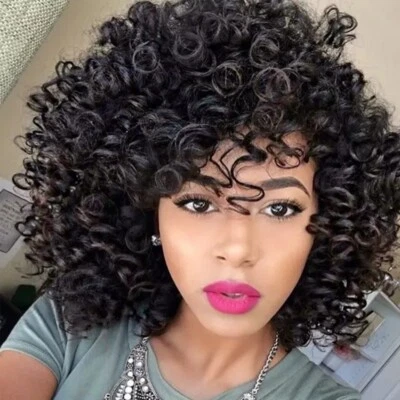 Perucas curtas pretas afro encaracoladas com franjas para mulheres peruca sintética moda peruca encaracolada - Imagem 1 de 4