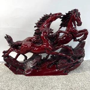 Vintage Cherry Red Resin Oriental Three Victory Running Horses Asian Statue - Picture 1 of 5