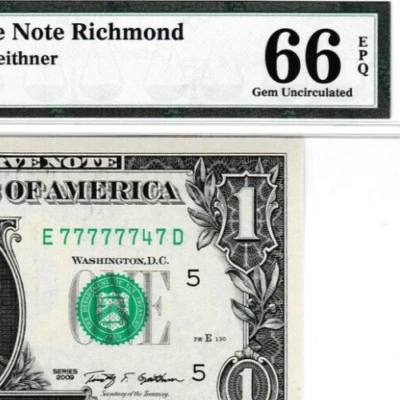 NEAR SOLID BOEING 747 S/N 77777747  $1  2009 Federal Reserve note Fr. 1934-E PMG - Image 1 of 3