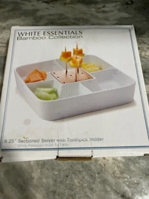 White Essentials Bamboo Collection 8.25" Sectioned Server With Toothpick Holder - Image 1 of 3