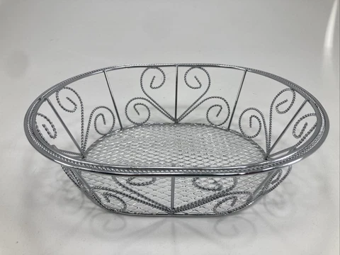 Metal Wire Oval Bread/Fruit Basket SILVER Scroll Rope 9.25" x 7.5" x 2.75" Cover