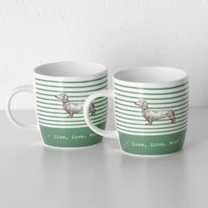 Set of 2 Live Love Woof Coffee Mugs 425ml Green White Sausage Dog Tea Barrel Cup - Picture 1 of 5