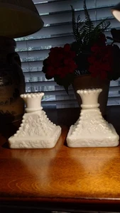 pair westmoreland milk glass candle holders beaded grape pattern - Picture 1 of 1