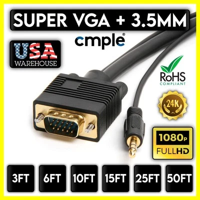 VGA Cable 15 PIN HD Super SVGA Monitor Cord 3.5mm Aux Audio M to M TV HDTV DVR - Image 1 of 4