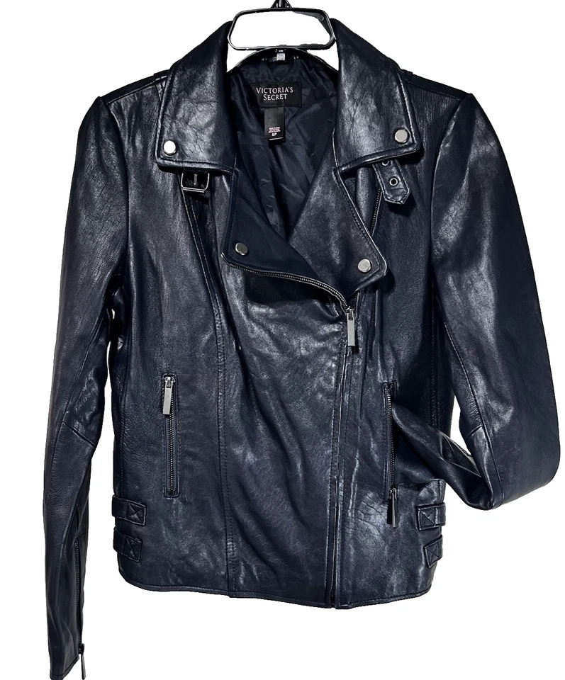 Chaqueta de cuero Victorias Secret Moto para mujer XS azul marino cuero mantecoso Foto 1 de 4