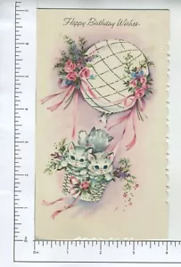 Vintage 1960s Die-Cut Birth Birthday Card-Three Kittens in a Balloon with Roses - Picture 1 of 3