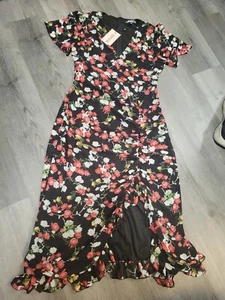 MISSGUIDED Women's Dress Red Ruched Side Midi Tea SS Floral Black Red Size 8 New - Picture 1 of 8